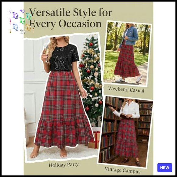 Plaid Ruffled Maxi Skirt High-Rise Waist Elegant A-Line Holiday Party Wear - Picture 7 of 8